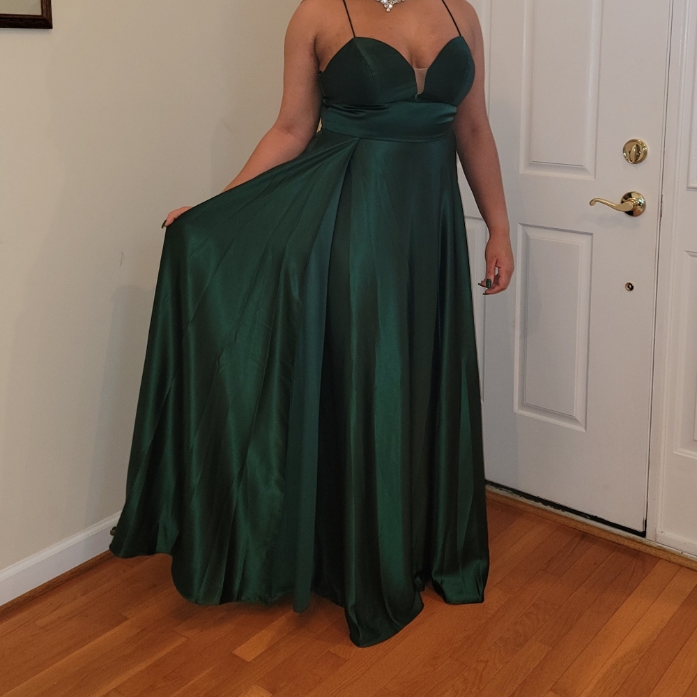 Green, strapless, formal gown